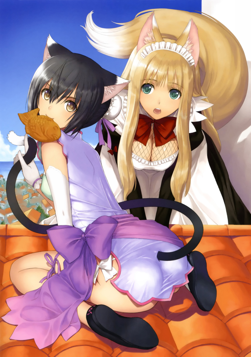 absurdres animal_ears apron ass asymmetrical_clothes asymmetrical_clothing bent_over blonde_hair blue_sky bow breasts cat_ears cat_tail china_dress chinese_clothes cleavage cleavage_cutout cloud fishnets food fox_ears fox_tail gloves green_eyes highres long_hair looking_at_viewer looking_back lorna_(shining_hearts) maid mouth_hold multiple_girls open_mouth panties ribbon rooftop shaomei_rin shining_(series) shining_hearts short_hair side-tie_panties single_elbow_glove single_glove sitting sky slippers string_panties tail taiyaki taka_tony tanaka_takayuki thigh_ribbon thigh_strap underwear wagashi wariza white_gloves white_panties