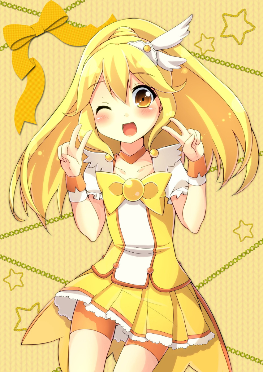 blonde_hair cure_peace double_v dress hair_ornament highres kise_yayoi long_hair magical_girl open_mouth oruton precure shorts_under_skirt smile_precure! solo v wink wrist_cuffs yellow yellow_background yellow_dress yellow_eyes
