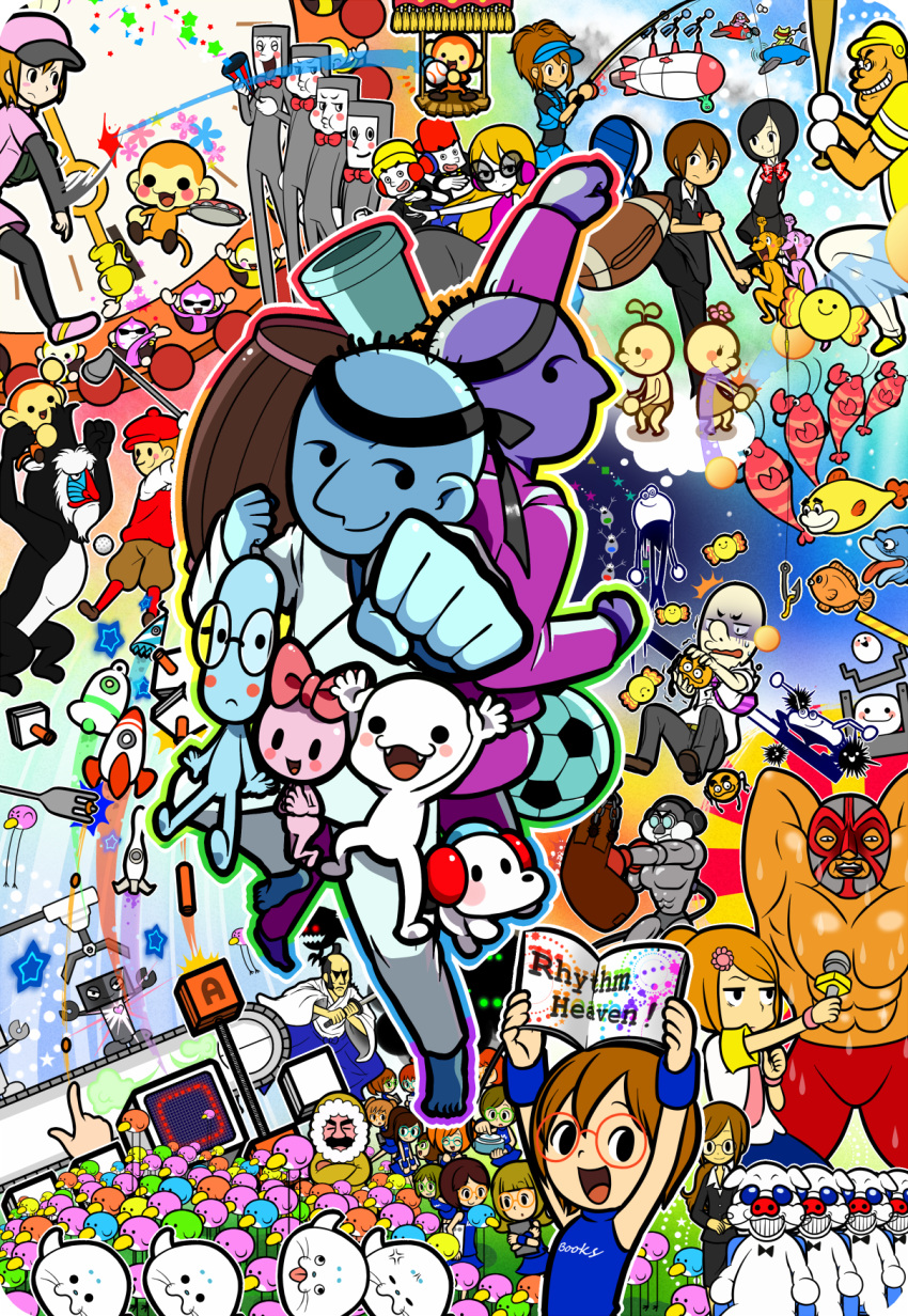 animal assistant_(rhythm_heaven) barista_(rhythm_heaven) bird bossa_(rhythm_heaven) cheer_reader cheerleader everyone highres human karate_joe marshall_(rhythm_heaven) mc_adore minna_no_rhythm_tengoku monkey monkey_(rhythm_heaven) nova_(rhythm_heaven) pig pitcher pitcher_(rhythm_heaven) reporter_(rhythm_tengoku) rhythm_tengoku robot seal so'ra tagme tendosora uh.._these_guys? wrestler_(rhythm_tengoku) wrestling_outfit