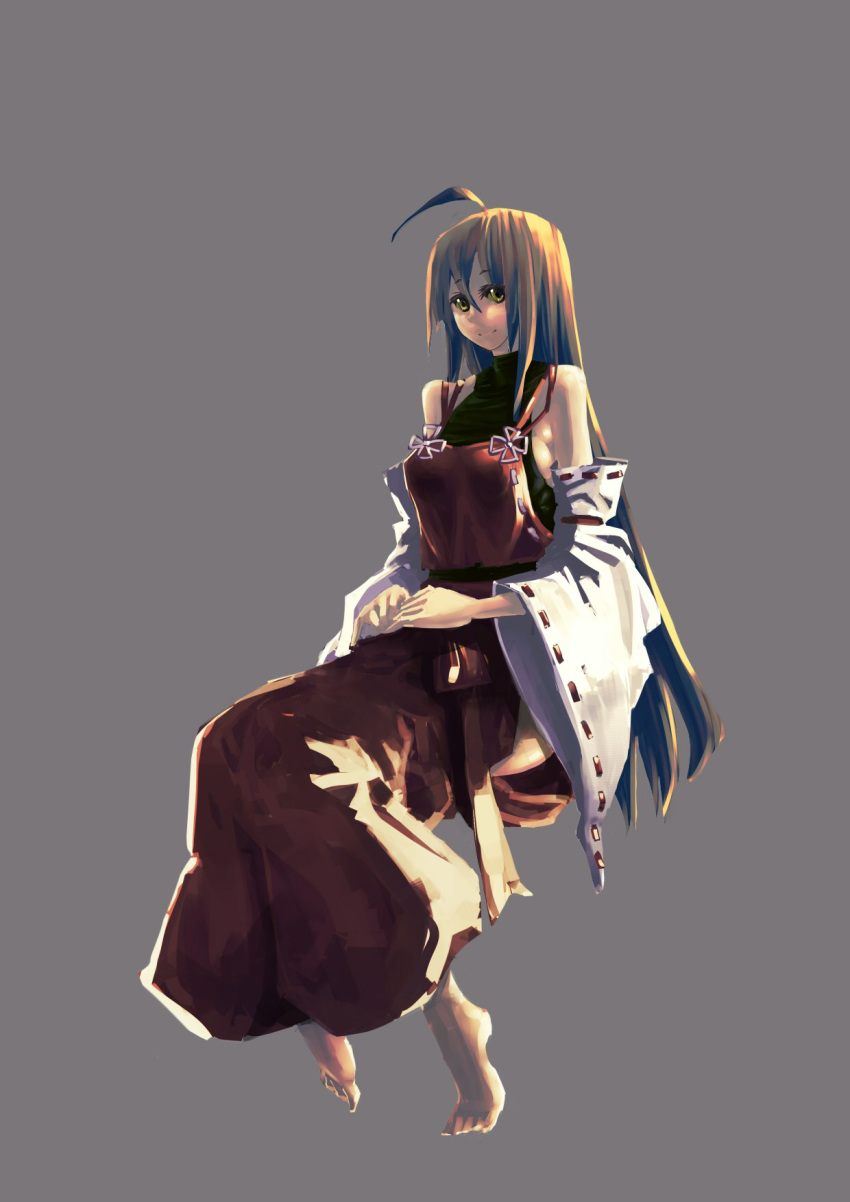 ahoge bare_shoulders barefoot black_hair breasts detached_sleeves hakama halterneck highres japanese_clothes long_hair m.u.g.e.n miko nontraditional_miko one-piece_thong sendai_hakurei_no_miko simple_background solo touhou wide_sleeves yellow_eyes zhanhan