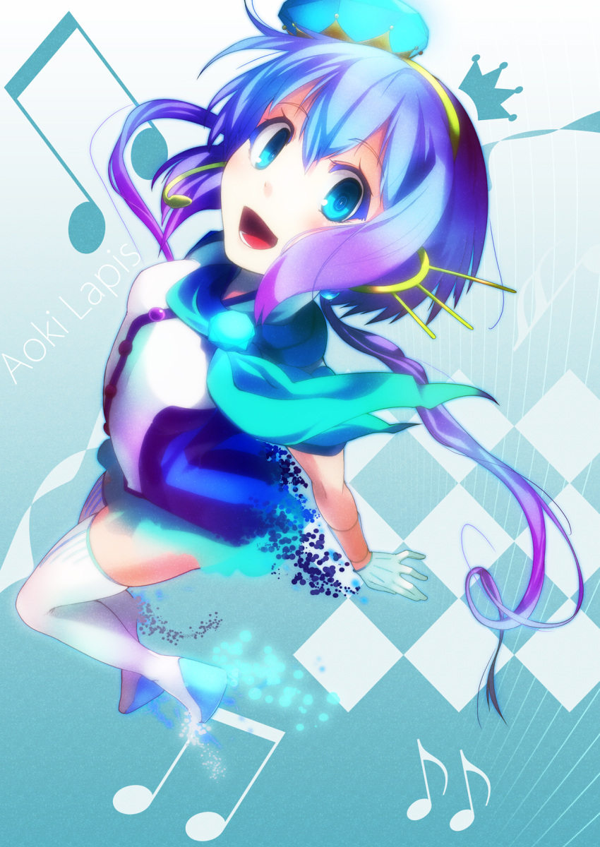 aoki_lapis blue_eyes blue_hair boots checkered crown diamond foreshortening gloves gradient_hair hair_ornament headset highres i-style_project long_hair looking_at_viewer mimimi_(nico_seiga815350) multicolored_hair musical_note open_mouth purple_hair scarf solo thigh-highs thigh_boots thighhighs tourmaline vocaloid