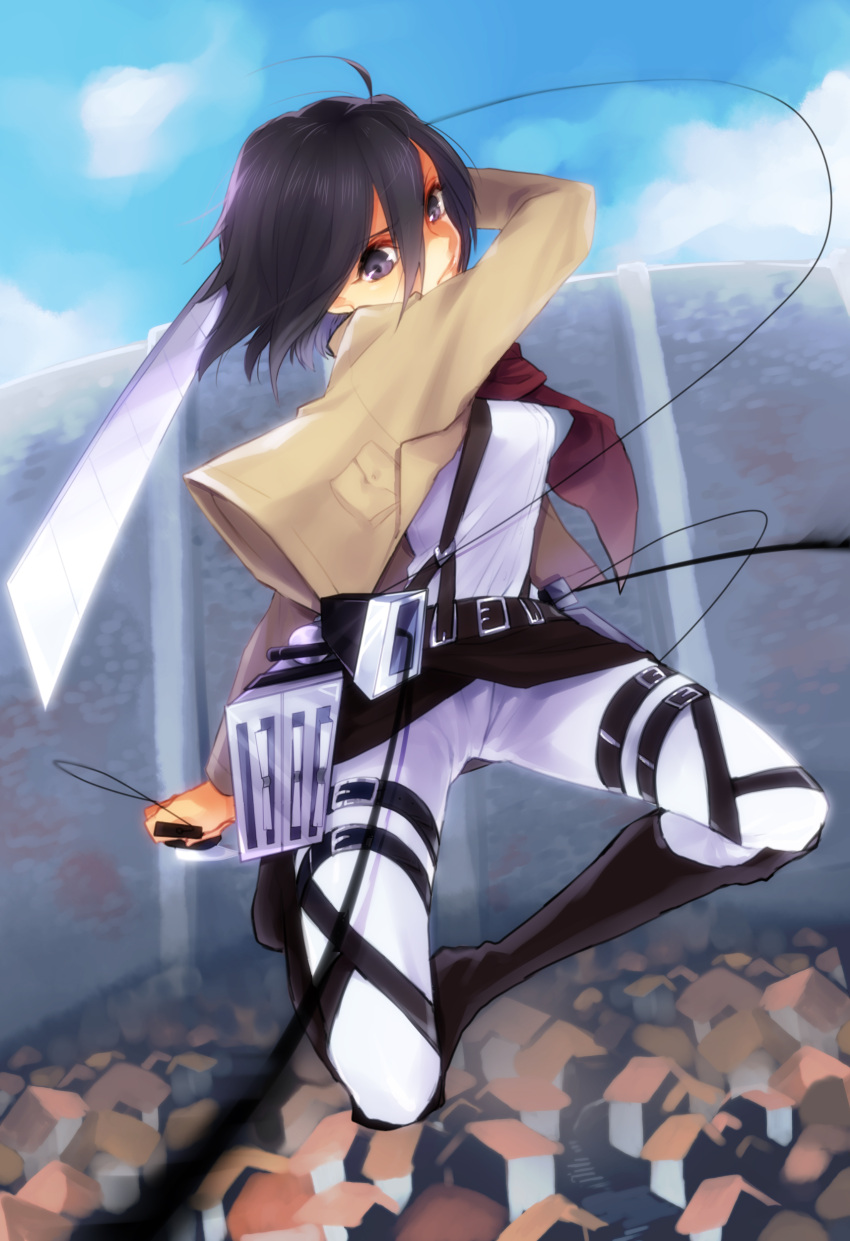 absurdres black_eyes black_hair boots etsuo highres jacket mikasa_ackerman shingeki_no_kyojin short_hair sword thigh_strap weapon