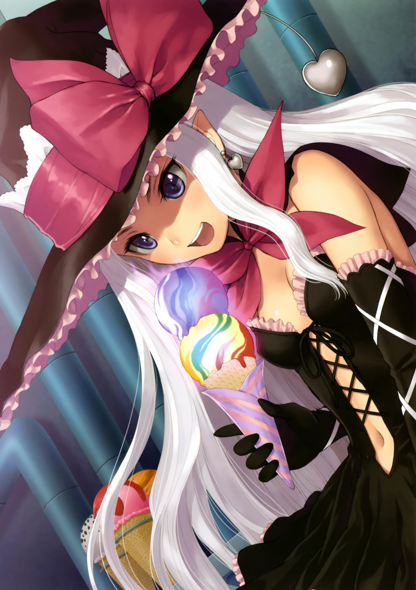 :d absurdres black_gloves bow breasts cleavage dutch_angle earrings elbow_gloves elf food gloves hat heart heart_earrings highres ice_cream ice_cream_cone jewelry long_hair melty_(shining_hearts) open_mouth pointy_ears purple_eyes shining_(series) shining_hearts silver_hair smile solo taka_tony tanaka_takayuki violet_eyes witch_hat