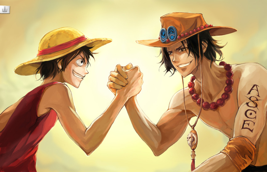 2boys arm_wrestling brother brothers brown_eyes family grin hat jewelry jolly_roger male monkey_d_luffy mujia_liao multiple_boys muscle necklace one_piece pirate portgas_d_ace red_vest sad_face siblings smile smiley_face straw_hat tattoo teeth topless vest