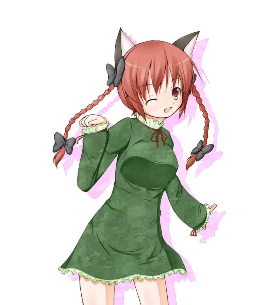 animal_ears bow braid cat_ears cat_tail dress fang garasuita hair_bow highres kaenbyou_rin multiple_tails open_mouth red_eyes red_hair redhead ribbon simple_background smile solo tail touhou twin_braids twintails wink