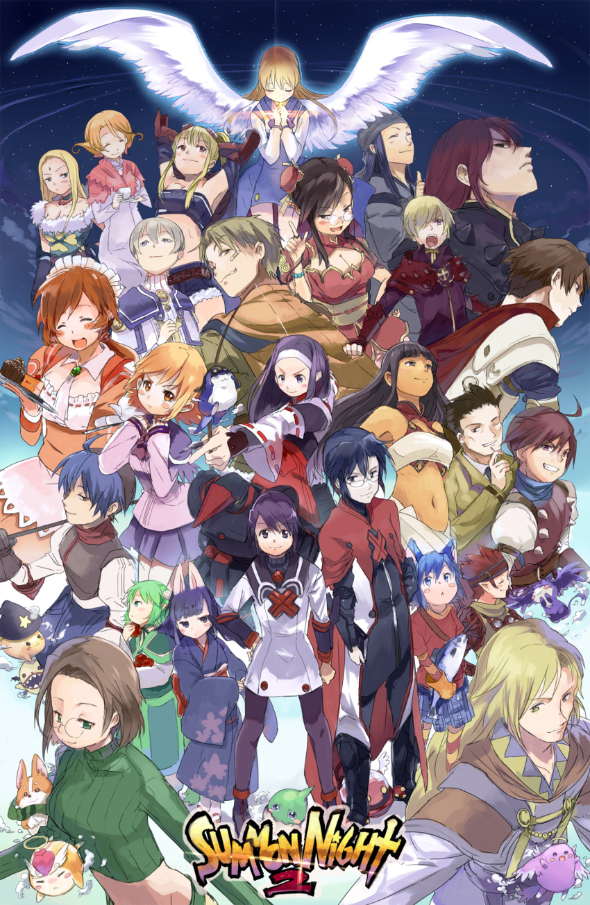 character_request closed_eyes everyone eyes_closed hand_on_hip highres hips long_hair open_mouth pantyhose pointy_ears short_hair smile summon_night summon_night_2 ume_(plumblossom)