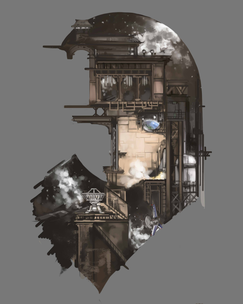 building bulding earth face highres houraisan_kaguya maz_(fanxuying) moon no_humans personification satellite_dish solo space space_craft stairs surreal touhou tower window