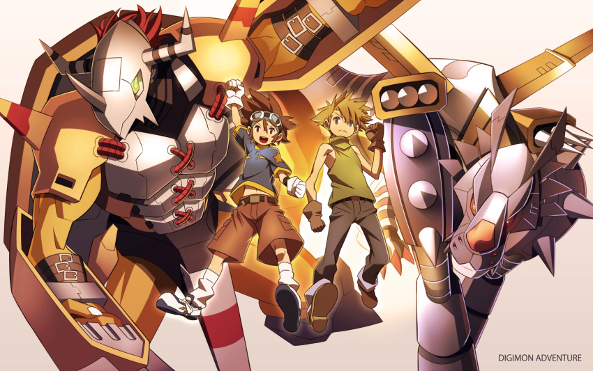 2boys brown_hair claws digimon digimon_adventure epic gloves goggles hajime_(hajime-ill-1st) helmet horns ishida_yamato metalgarurumon purple_eyes red_hair redhead short_hair violet_eyes wargreymon yagami_taichi yellow_eyes