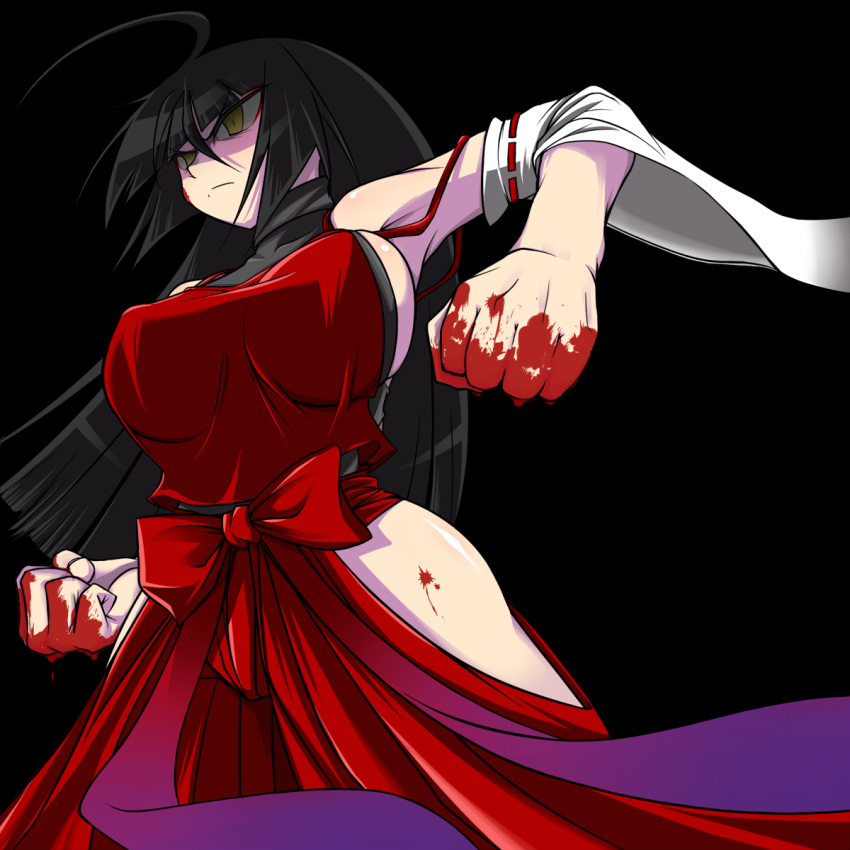 ahoge bad_id bare_hips bare_shoulders black_background black_hair blood breasts clenched_fist clenched_hands detached_sleeves hakama highres japanese_clothes large_breasts long_hair m.u.g.e.n miko nontraditional_miko one-piece_thong original sendai_hakurei_no_miko sideboob solo tai_takeshi touhou yellow_eyes