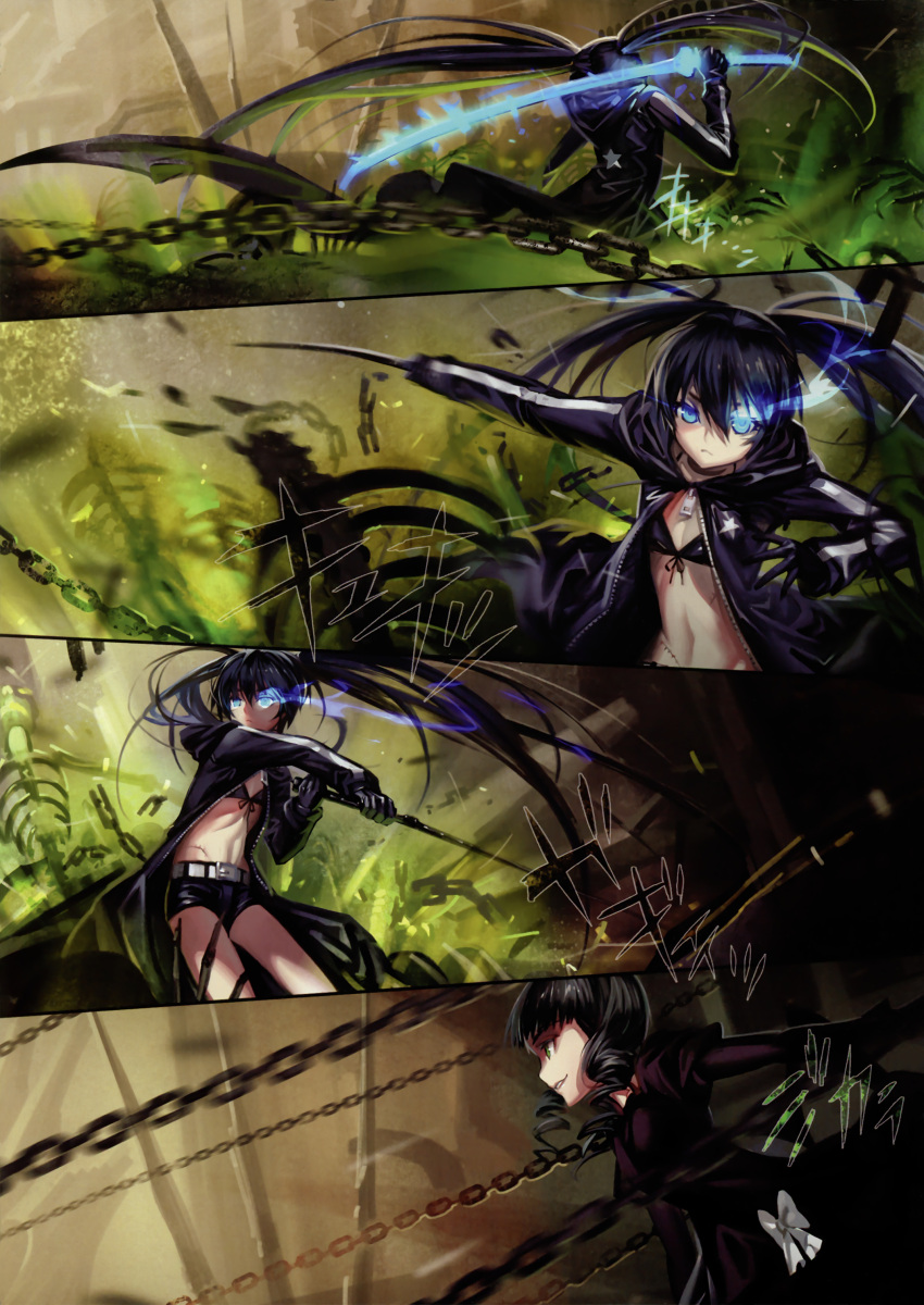 absurdres alphonse_(white_datura) bikini_top black_hair black_rock_shooter black_rock_shooter_(character) blue_eyes chain chains comic dead_master front-tie_top gloves glowing glowing_eyes green_eyes highres long_hair midriff multiple_girls navel scan scar short_shorts shorts silent_comic sword twintails weapon
