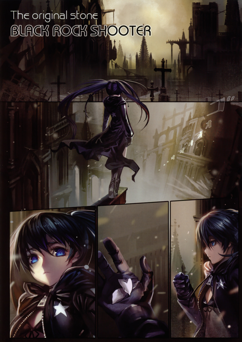 absurdres alphonse_(white_datura) bikini_top black_hair black_rock_shooter black_rock_shooter_(character) blue_eyes coat comic front-tie_top gloves highres long_hair petals scan silent_comic solo twintails