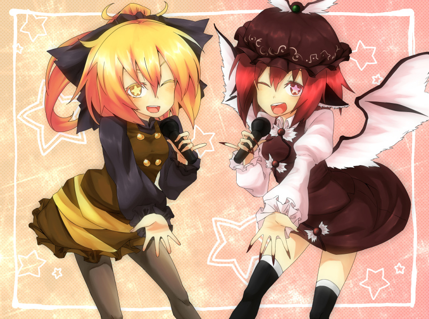 animal_ears black_legwear blonde_hair blush bow brown_eyes dress hachi105 hair_bow hat highres kurodani_yamame microphone multiple_girls mystia_lorelei open_mouth outstretched_arm pantyhose pink_hair red_eyes rinnrinn short_hair smile star symbol symbol-shaped_pupils symmetrical_pose thigh-highs thighhighs touhou wings