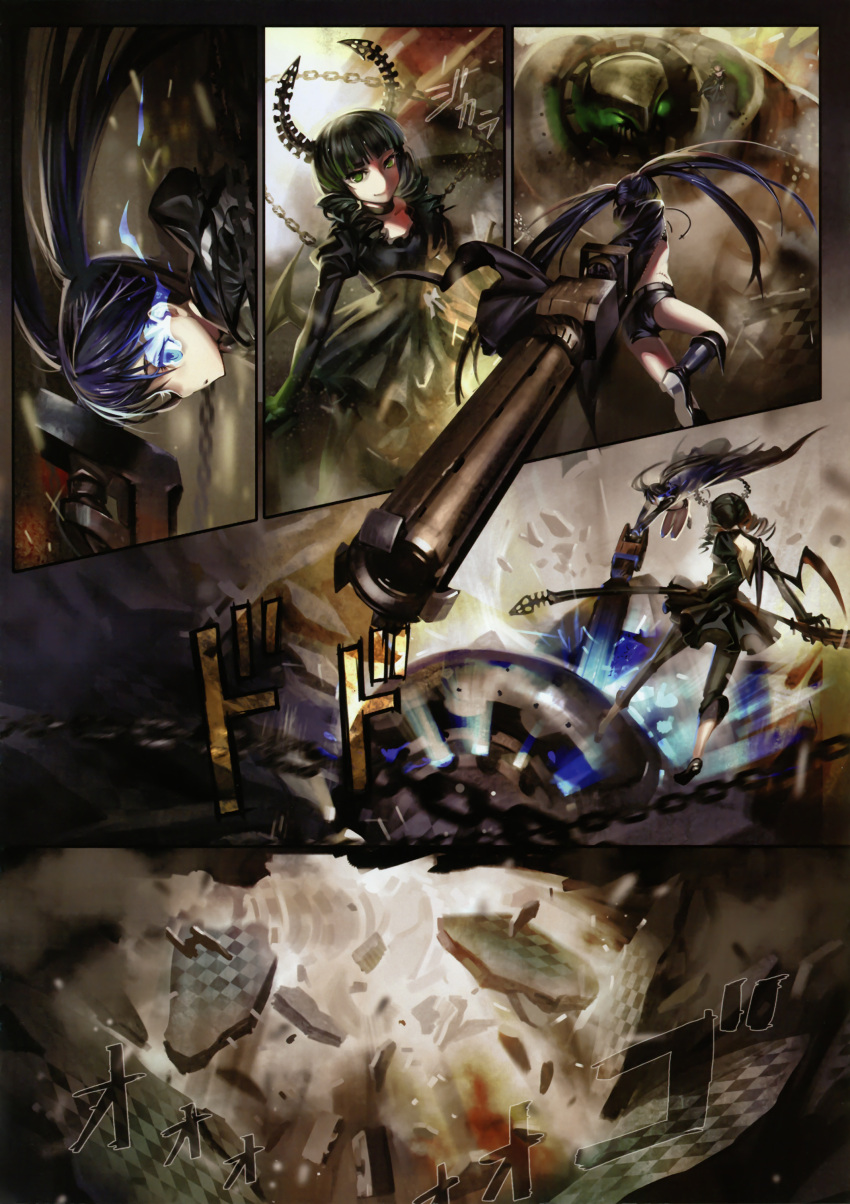 absurdres alphonse_(white_datura) black_hair black_rock_shooter black_rock_shooter_(character) blue_eyes chain chains coat comic dead_master glowing glowing_eyes green_eyes gun highres horns long_hair multiple_girls robot scan silent_comic twintails weapon