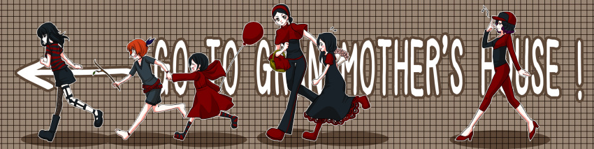 akago_(muhyun) atomflower balloon barefoot baseball_cap belt black_hair boots bouquet carmen_(the_path) choker closed_eyes directional_arrow dress english eyes_closed flower ginger_(the_path) hand_holding hat high_heels highres holding_hands hood leg_brace long_hair long_image multiple_girls musical_note open_mouth picnic_basket red_hair redhead robin_(the_path) rose_(the_path) ruby_(the_path) running scarlet_(the_path) shoes short_hair siblings sisters skirt smile stick the_path walking wide_image