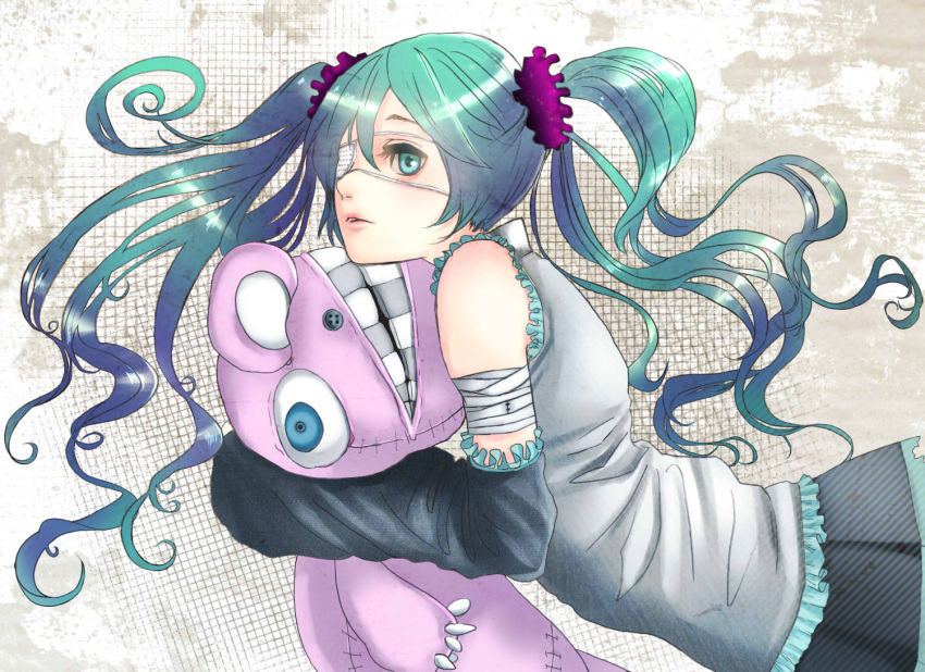asanome bandage bandages detached_sleeves eyepatch green_eyes green_hair hatsune_miku long_hair solo stuffed_animal stuffed_toy teeth tsumi_to_batsu_(vocaloid) twintails vocaloid