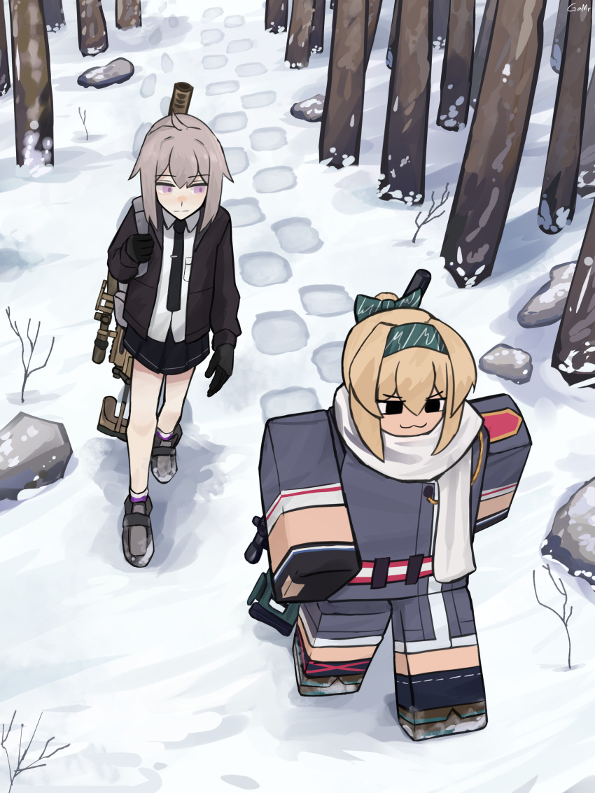2girls :3 absurdres black_eyes black_gloves black_jacket black_necktie black_skirt blonde_hair blue_bow blue_hairband blue_shorts blue_skirt bolt_action bow branch cheytac_m200 closed_mouth collared_shirt flat_chest footprints gamryous girls_frontline gloves gun hair_between_eyes hair_bow hairband highres jacket long_sleeves looking_at_another m200_(girls'_frontline) multiple_girls necktie open_clothes open_jacket outdoors pleated_skirt rifle roblox rock scarf scope shirt shoes shorts sidelocks skirt smile sneakers sniper_rifle sv-98 sv-98_(girls'_frontline) tie_clip walking weapon white_scarf white_shirt