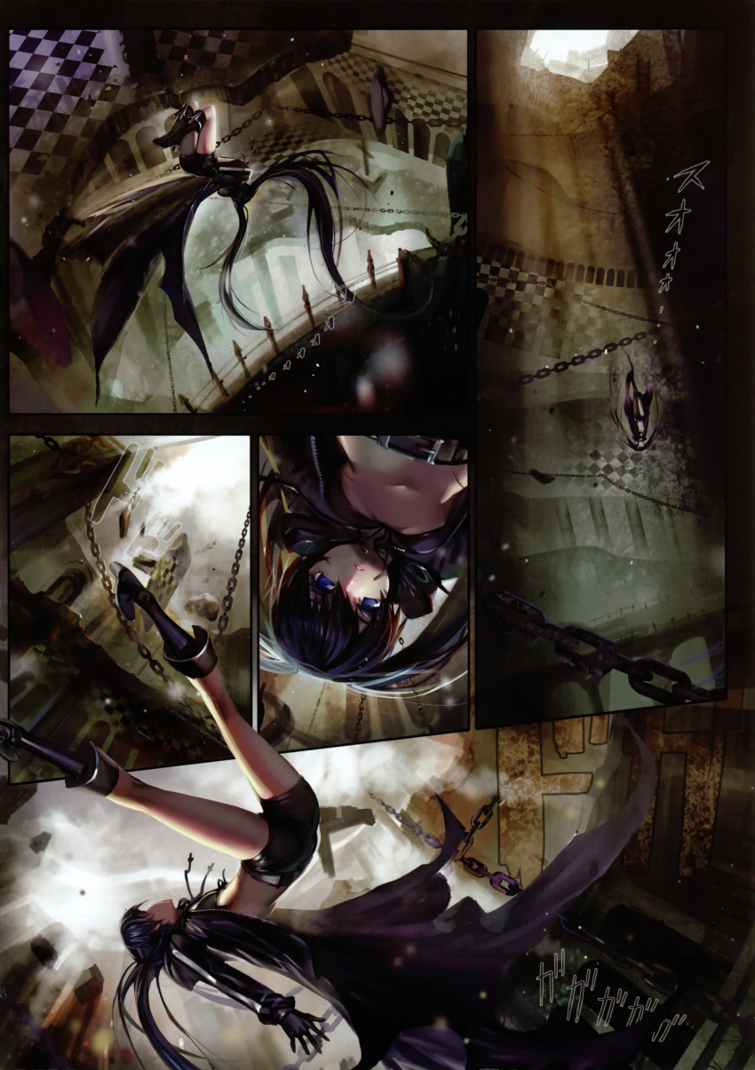 absurdres alphonse_(white_datura) bikini_top black_hair black_rock_shooter black_rock_shooter_(character) blue_eyes boots chain chains coat comic gloves highres long_hair navel scan scar short_shorts shorts silent_comic solo twintails