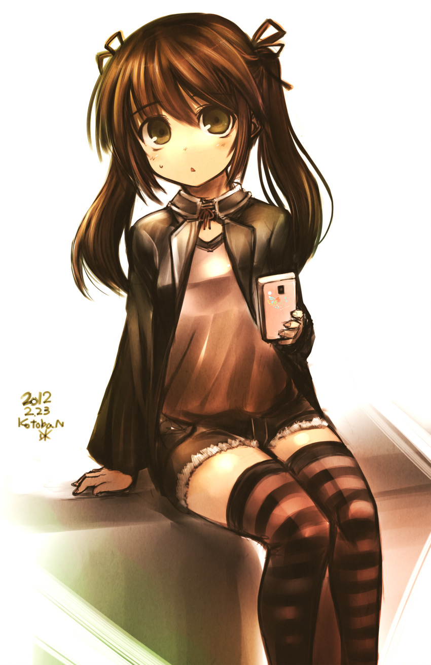 brown_hair cellphone child dated hair_ribbon highres holding jacket kotoba_noriaki long_hair looking_at_viewer open_mouth original phone ribbon short_shorts shorts signature simple_background sitting solo striped striped_legwear sweatdrop thigh-highs thighhighs twintails