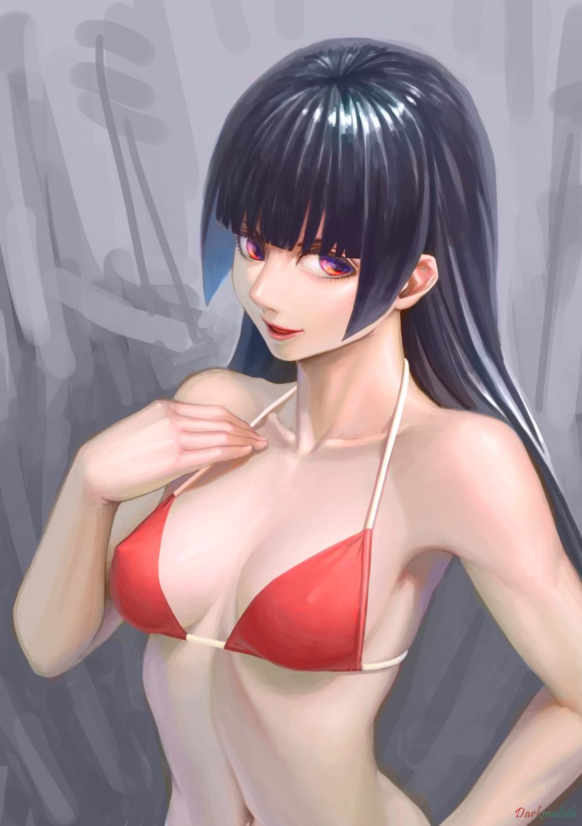 1girl absurdres bikini black_hair breasts character_request darkmuleth highres long_hair open_mouth red_bikini red_eyes smile solo swimsuit