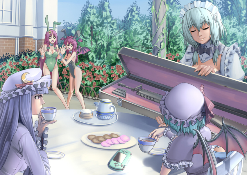 alternate_costume animal_ears aqua_hair assault_rifle bare_legs bare_shoulders bat_wings bow breasts bunny_ears bunnysuit case closed_eyes cookie crescent cup drinking eyes_closed flower food garden gun hair_bow hair_ornament hat head_wings hong_meiling izayoi_sakuya kemonomimi_mode koakuma leotard long_hair m16 maid maid_headdress multiple_girls nature o_o open_mouth outdoors patchouli_knowledge payot pinky_out playstation_portable purple_eyes purple_hair raybar red_hair remilia_scarlet rifle saucer short_hair silver_hair sitting smile star table tea teacup teapot the_embodiment_of_scarlet_devil touhou very_long_hair weapon wings wrist_cuffs