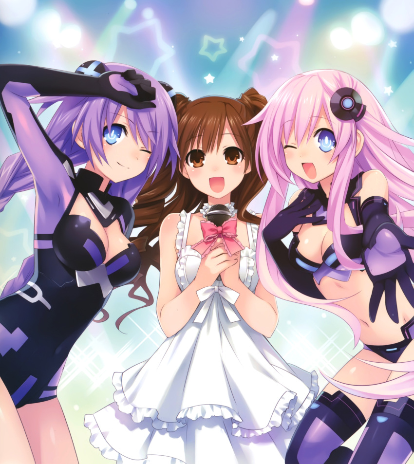 :d ;) ;d absurdres armpits bare_shoulders black_gloves blue_eyes bodysuit braid breasts brown_eyes brown_hair character_request choujigen_game_neptune choujigen_game_neptune_mk2 cleavage dress elbow_gloves gloves hair_ornament hairpin hand_on_own_chest highres leotard long_hair microphone midriff multiple_girls navel official_art open_mouth outstretched_hand pink_hair purple_hair purple_heart purple_sister smile sparkle star symbol-shaped_pupils thigh-highs thighhighs tsunako two_side_up white_dress wink
