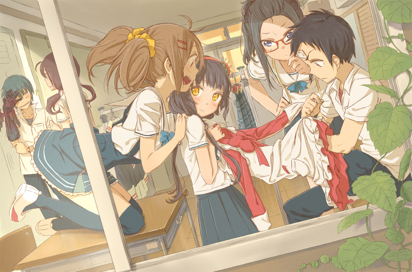 2boys 4girls :&gt; :d ahoge archellaura bandaid black_hair black_legwear blue_eyes blush bow bowtie brown_hair covering_one_eye desk dress gauntlets glasses hair_ornament hairband hairclip hand_on_hip hand_on_own_chin hand_on_shoulder highres kneeling leaf leaning_forward long_hair low_twintails multiple_boys multiple_girls needle on_desk open_mouth original over-kneehighs pincushion plant pleated_skirt profile red-framed_glasses school_uniform scrunchie serafuku sewing shoes short_hair sitting skirt smile tape_measure thighhighs twintails uwabaki watch window yellow_eyes