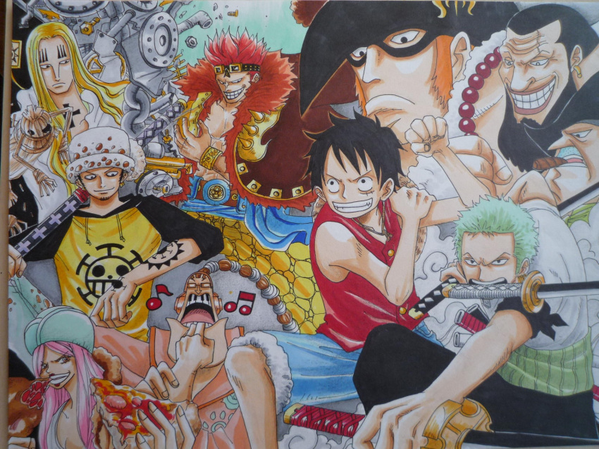 1girl 6+boys 9boys basil_hawkins black_hair blonde_hair capone_gang_bege character_request cigar colored_pencil_(medium) domino_mask earrings eating eustass_captain_kid facial_hair food fuzzy_hat glasses goatee goggles green_hair grin haramaki hat highres jewelry jewelry_bonney katana lipstick long_hair lovepanda0420 machinery makeup marker_(medium) mask meat monkey_d_luffy mouth_hold multiple_boys musical_note one_piece open_mouth photo pink_hair pirate pizza red_hair roronoa_zoro scar scratchmen_apoo smile straw_hat supernova sword tattoo traditional_media trafalgar_law urouge weapon x_drake