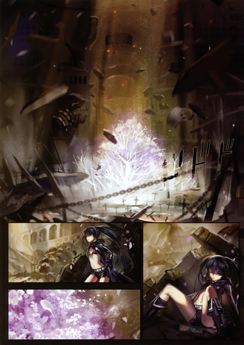 absurdres alphonse_(white_datura) bikini_top black_hair black_rock_shooter black_rock_shooter_(character) blue_eyes boots chain chains cherry_blossoms comic front-tie_top gloves highres long_hair midriff scan scar short_shorts shorts silent_comic solo tree twintails