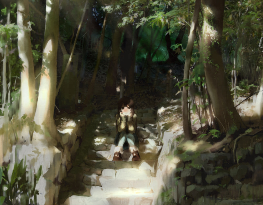 bad_id brown_eyes brown_hair carlos_toshiki chin_rest forest looking_at_viewer nature original shade sitting sitting_on_stairs solo stairs sunbeam sunlight tree tree_shade