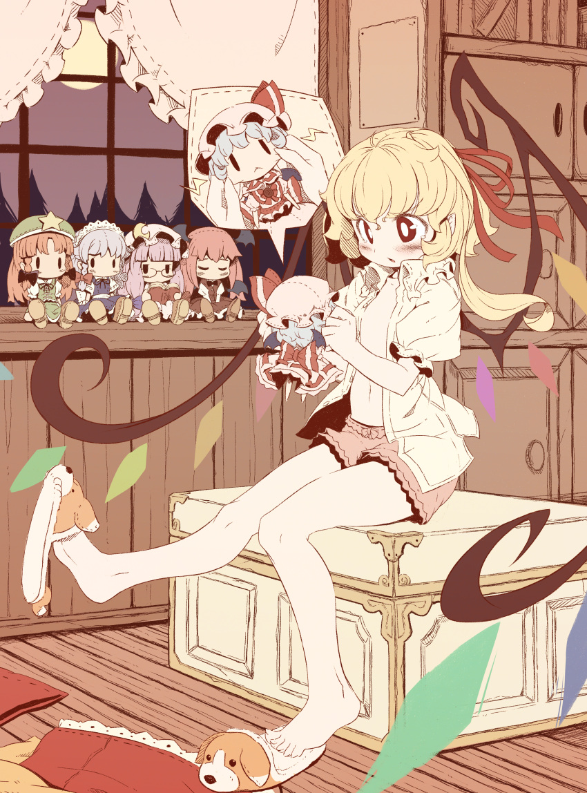 :&lt; absurdres animal_slippers barefoot bat_wings blonde_hair bloomers blue_hair blush book box braid character_doll cheek_pull chest child closed_eyes container crescent curtains dog_slippers dress_shirt eyes_closed feet flandre_scarlet flat_chest flat_color forest full_moon glasses hair_ribbon hat hat_ribbon head_wings highres hong_meiling izayoi_sakuya koakuma long_hair midriff moon nature navel night no_pants open_clothes open_mouth open_shirt patchouli_knowledge pointy_ears purple_hair red_eyes red_hair remilia_scarlet ribbon shirt shoe_dangle short_hair side_ponytail silver_hair single_shoe sitting sitting_on_object skirt skirt_set sky slippers solo star takahero the_embodiment_of_scarlet_devil touhou twin_braids vest window wings |_|