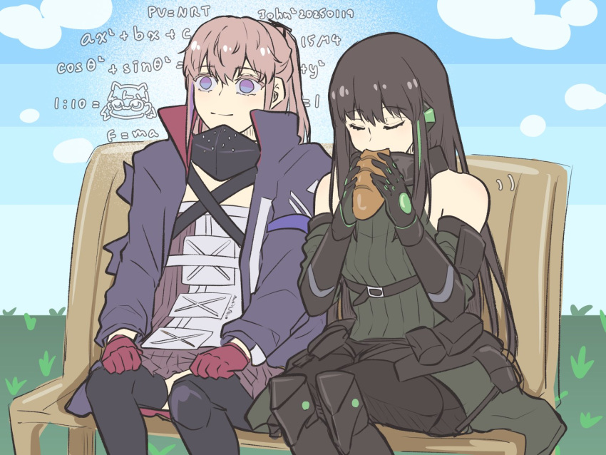 2girls black_gloves bread_bun closed_eyes eating food food_in_mouth girls_frontline gloves grass highres holding holding_food idw_(girls'_frontline) johnjohn_(johnjohn_1028) long_hair m4a1_(girls'_frontline) m4a1_(mod3)_(girls'_frontline) math multiple_girls on_bench park red_gloves st_ar-15_(girls'_frontline) st_ar-15_(mod3)_(girls'_frontline)