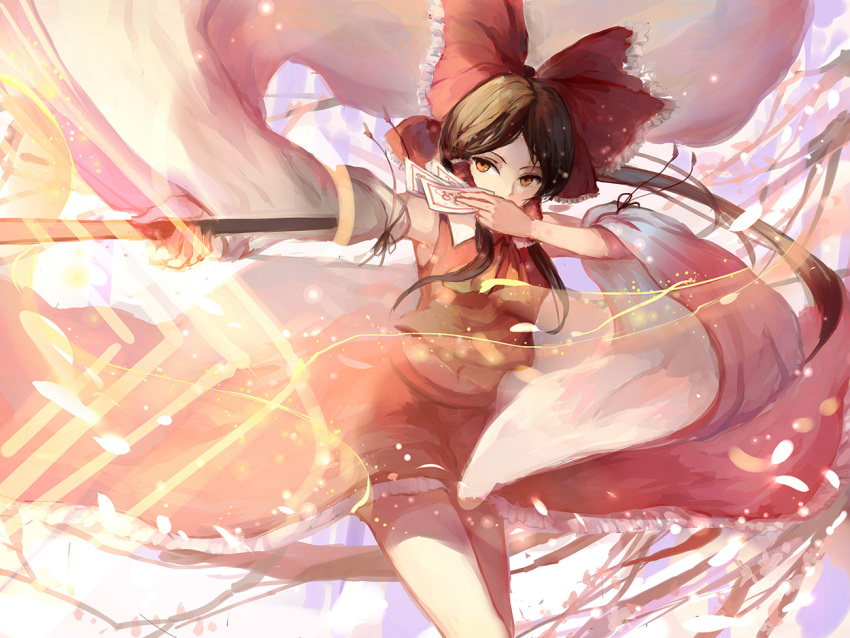 1girl armpits ascot between_fingers bow brown_eyes brown_hair covering_mouth detached_sleeves frilled_bow frilled_skirt frills gohei hair_bow hair_tubes hakurei_reimu holding_weapon light light_particles looking_to_the_side midriff mound_of_venus outstretched_arm petals ponytail red_skirt ribbon sishenfan skirt sleeveless small_breasts solo talismans thighs touhou tree_branch wind