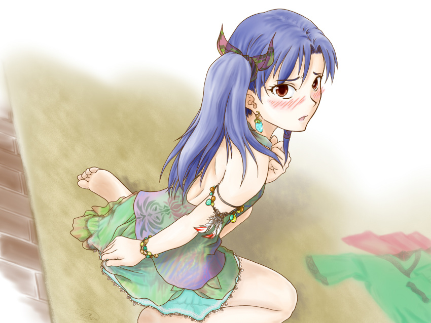 65aya bare_shoulders barefoot blue_hair blush bracelet brown_eyes dress earrings feet flat_chest highres idolmaster jewelry kisaragi_chihaya long_hair open_mouth side_ponytail sitting soles solo toes