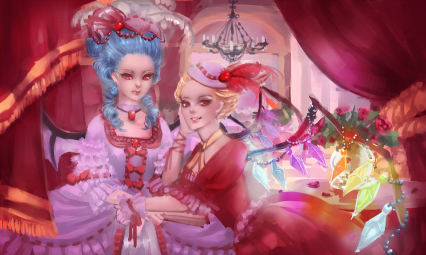 adapted_costume adult alternate_hairstyle blonde_hair blue_hair bouquet chandelier curtains dress drill_hair feathers flandre_scarlet flower frilled_sleeves gown hair_up hand_on_another's_cheek hand_on_another's_cheek highres multiple_girls pearl petals red_eyes remilia_scarlet rose rose_petals sheryth siblings sisters smile touhou wings wrist_cuffs