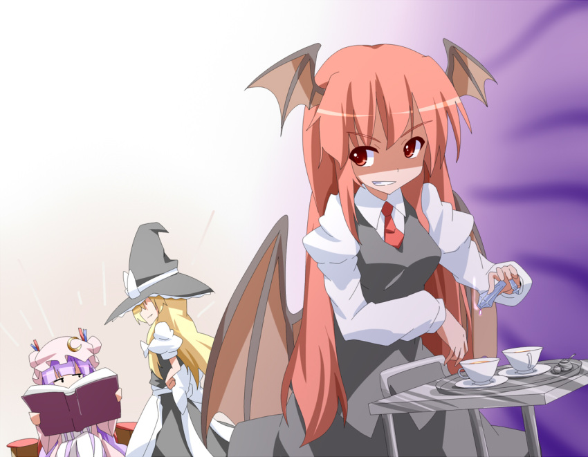 &gt;:) &gt;:d :d apron bangs bat_wings blonde_hair blunt_bangs book bottle bow cart crescent cup demon_wings dress_shirt evil_grin evil_smile flat_gaze fueiku grin hair_over_eyes hands_on_hips hat hat_bow head_wings holding holding_book kirisame_marisa koakuma large_bow long_hair long_sleeves low_wings multiple_girls necktie open_book open_mouth patchouli_knowledge purple_hair red_eyes red_hair redhead saucer shaded_face shirt skirt skirt_set smile smirk tea teacup the_embodiment_of_scarlet_devil touhou tray very_long_hair vest waist_apron white_shirt wings witch_hat