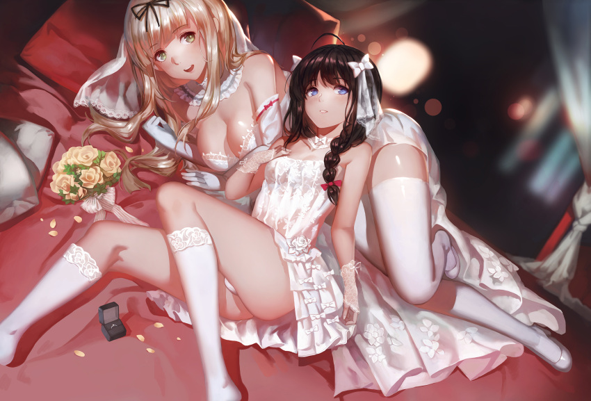 2girls bare_shoulders blonde_hair braid breasts bride cleavage dress gloves hair_ornament highres kantai_collection long_hair multiple_girls shigure_(kantai_collection) single_braid thigh-highs wedding_dress yuudachi_(kantai_collection) yykuaixian