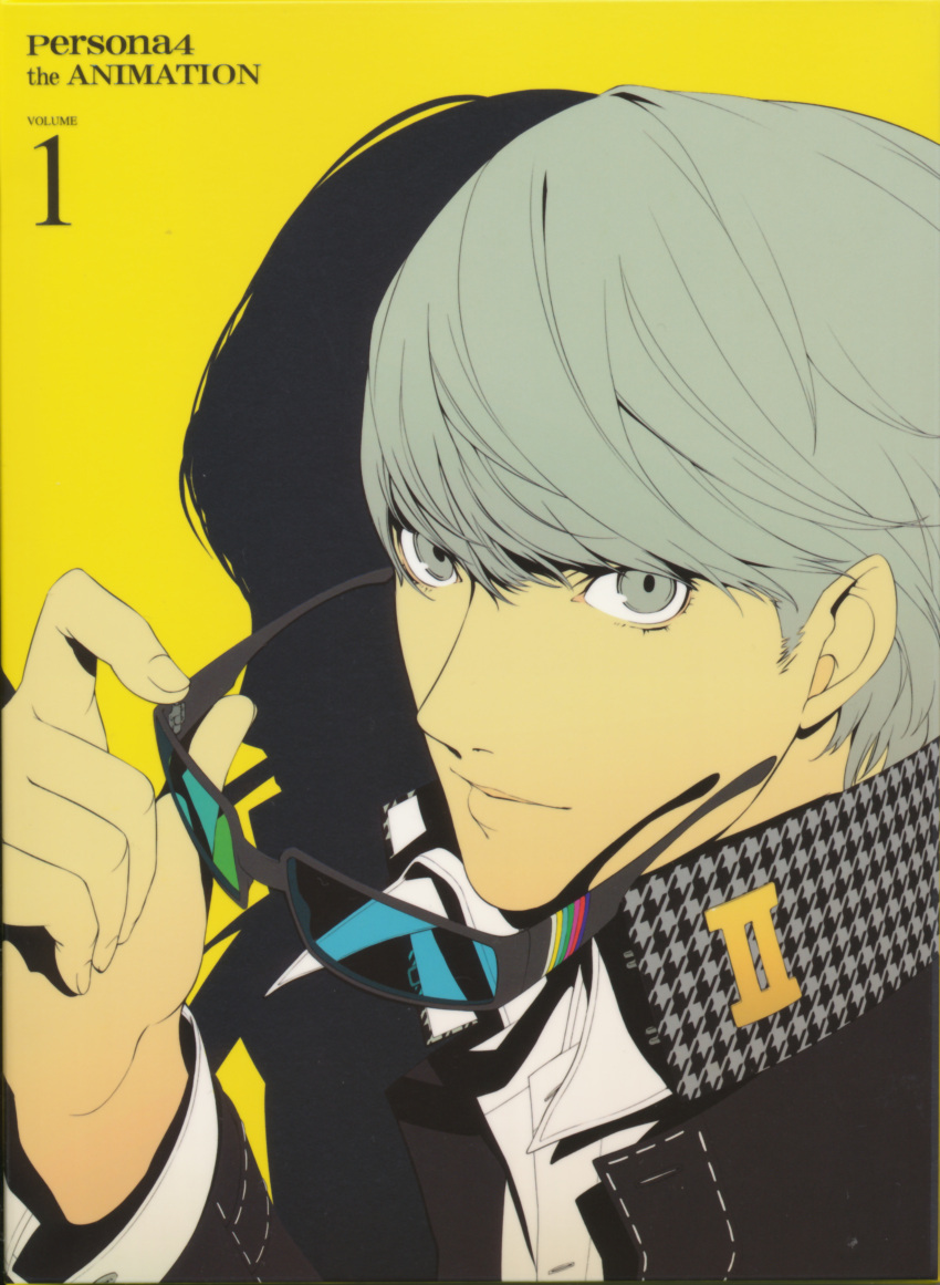 absurdres glasses grey_eyes grey_hair highres male narukami_yuu official_art persona persona_4 scan school_uniform short_hair smile soejima_shigenori solo