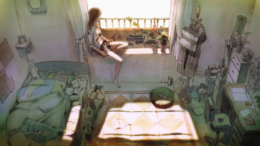 alarm_clock barefoot bed brown_hair cellphone clock desk kaisen light long_hair looking_away messy_room office_chair original phone plant potted_plant room shade shorts sitting sleeves_rolled_up solo stuffed_animal stuffed_toy sunlight teddy_bear window window_shade windowsill
