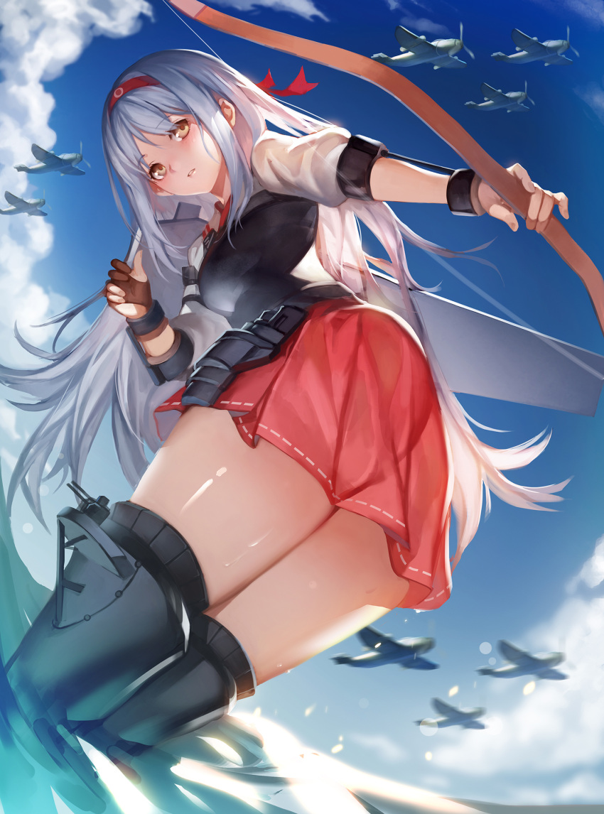 1girl aiming airplane black_legwear blue_sky bow_(weapon) brown_eyes clouds cowboy_shot hachimaki hairband headband highres kantai_collection leaning_forward long_hair looking_at_viewer miniskirt muneate outdoors parted_lips pleated_skirt red_skirt ribbon-trimmed_skirt short_sleeves shoukaku_(kantai_collection) silver_hair skirt sky solo thigh-highs twisted_torso very_long_hair water weapon yugake yykuaixian zettai_ryouiki