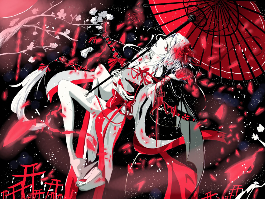 1girl alternate_costume cherry_blossoms floating flower full_moon geta hair_flower hair_ornament hair_ribbon highres hitsuji_(hitsuji) japanese_clothes katana kimono long_legs moon multiple_swords multiple_torii off_shoulder older open_mouth oriental_umbrella petals pointy_nose red_eyes red_moon remilia_scarlet ribbon sheath sheathed short_hair sky smile solo spot_color star_(sky) starry_sky sword tagme touhou tree_branch umbrella weapon