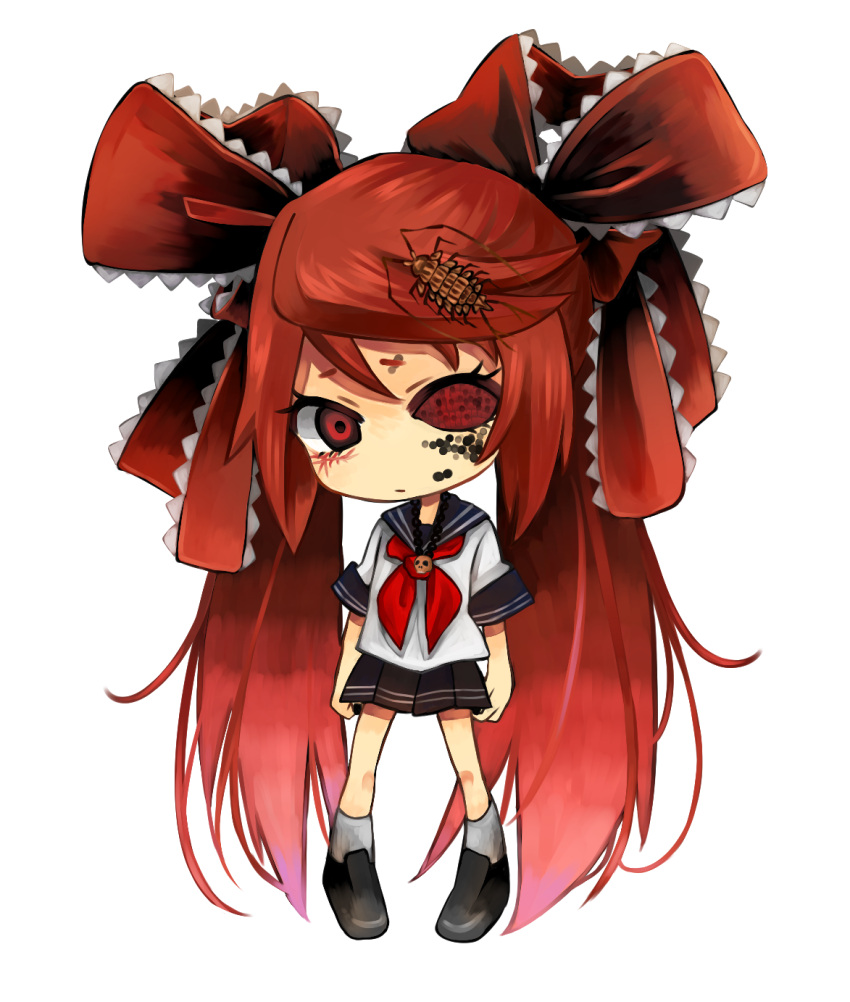 bow calne_ca chibi crustacean hair_bow hair_ribbon hatsune_miku highres insect isopod jewelry long_hair looking_at_viewer nail_polish necklace oniyama831 red_eyes red_hair redhead ribbon saikin_osen_-_bacterial_contamination_-_(vocaloid) sailor_collar school_uniform serafuku simple_background skirt skull_necklace solo twintails very_long_hair vocaloid