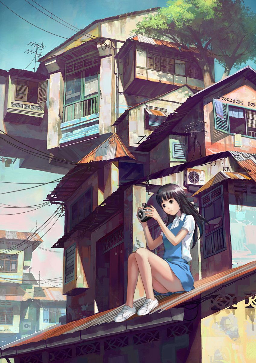 antennae bangs brown_eyes brown_hair camera chong_feigiap copyright_request highres house long_hair power_lines radio_antenna rooftop school_uniform shoes sitting sitting_on_roof sky solo towel tree tree_shade