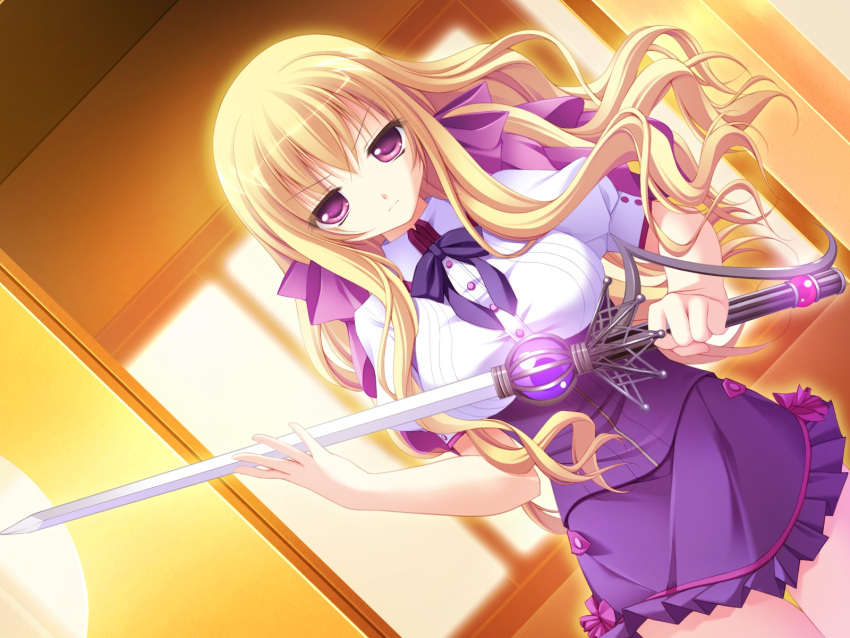 blonde_hair derivara! game_cg purple_eyes sword takachihou_kyouko violet_eyes weapon
