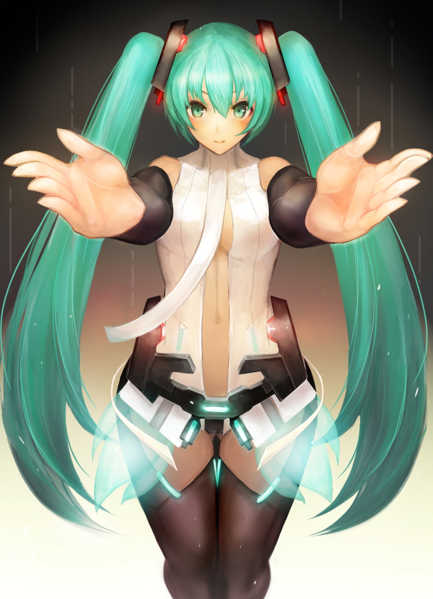 breasts center_opening detached_sleeves foreshortening green_eyes green_hair hands hatsune_miku hatsune_miku_(append) highres incoming_hug long_hair miku_append navel necktie outstretched_arms solo thigh-highs thighhighs twintails very_long_hair vocaloid vocaloid_append yaoya_musuko