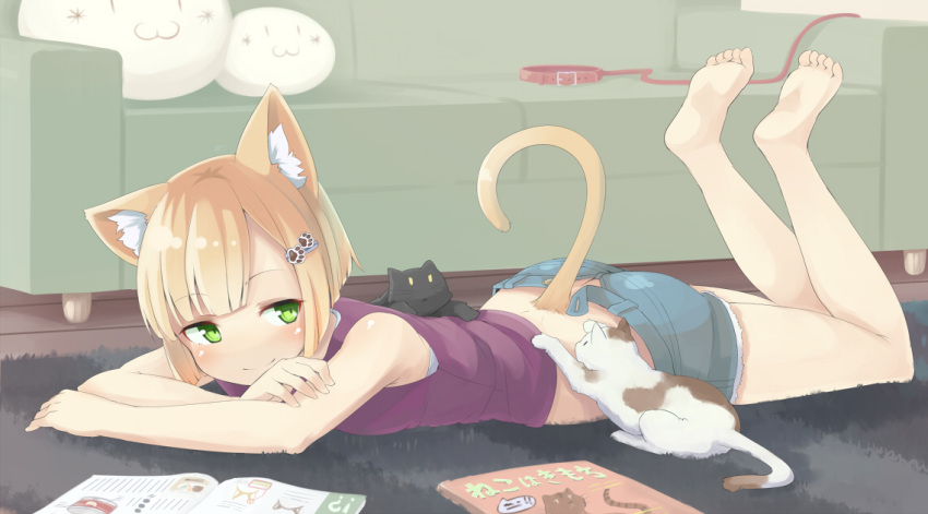 1girl animal_ears bare_shoulders barefoot blonde_hair carpet cat cat_ears collar couch full_body green_eyes hair_ornament hairclip indoors inu_(kuroinu0720) leash leg_lift looking_away magazine no_nose on_stomach original pillow short_hair shorts smile solo tail tank_top wooden_floor