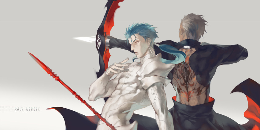 archer archer_alter arrow blue_hair bow_(weapon) dark_persona dark_skin earrings fate/stay_night fate_(series) gae_bolg jewelry lancer light_persona long_hair long_image male multiple_boys polearm ponytail sanbonzakura short_hair spear tattoo weapon white_hair wide_image
