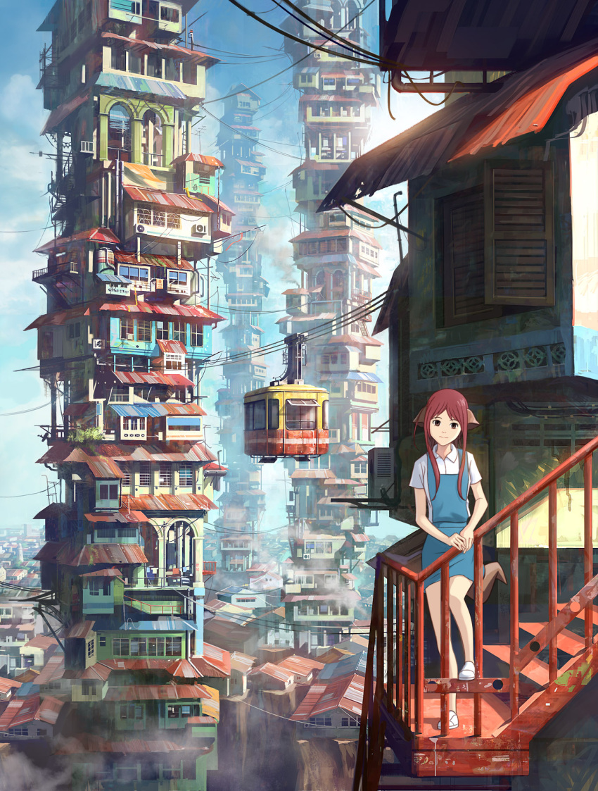 animal_ears brown_eyes cable_car chong_feigiap cityscape copyright_request highres leaning long_hair looking_at_viewer red_hair redhead scenery school_uniform solo stairs standing tail tower