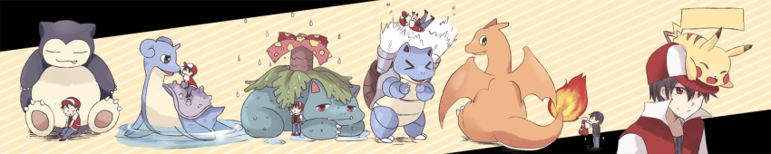 &gt;_&lt; baseball_cap black_hair blastoise charizard chocho_(homelessfox) hat lapras long_image pikachu pokemon pokemon_(creature) pokemon_(game) pokemon_rgby rain red_(pokemon) red_(pokemon)_(classic) red_eyes smile snorlax striped striped_background venusaur water wide_image