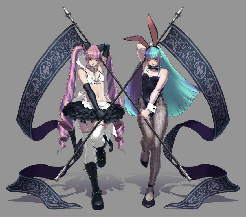 animal_ears blue_hair bunny_ears bunny_outfit cat_ears daichan_mona fishnet_pantyhose fishnets flag highres multiple_girls original pantyhose pink_hair thigh-highs thighhighs twintails
