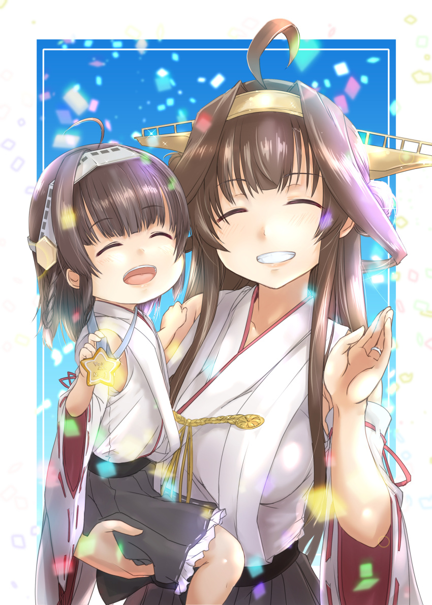 2girls absurdres ahoge black_skirt brown_hair closed_eyes detached_sleeves double_bun frilled_skirt frills fyuo hairband headgear highres japanese_clothes kantai_collection kongou_(kancolle) long_hair multiple_girls nontraditional_miko remodel_(kantai_collection) ribbon-trimmed_sleeves ribbon_trim skirt smile